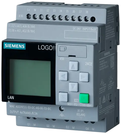 Front view of Siemens 6AG1052-1CC08-7BA1 PLC CPU unit showing display and ports