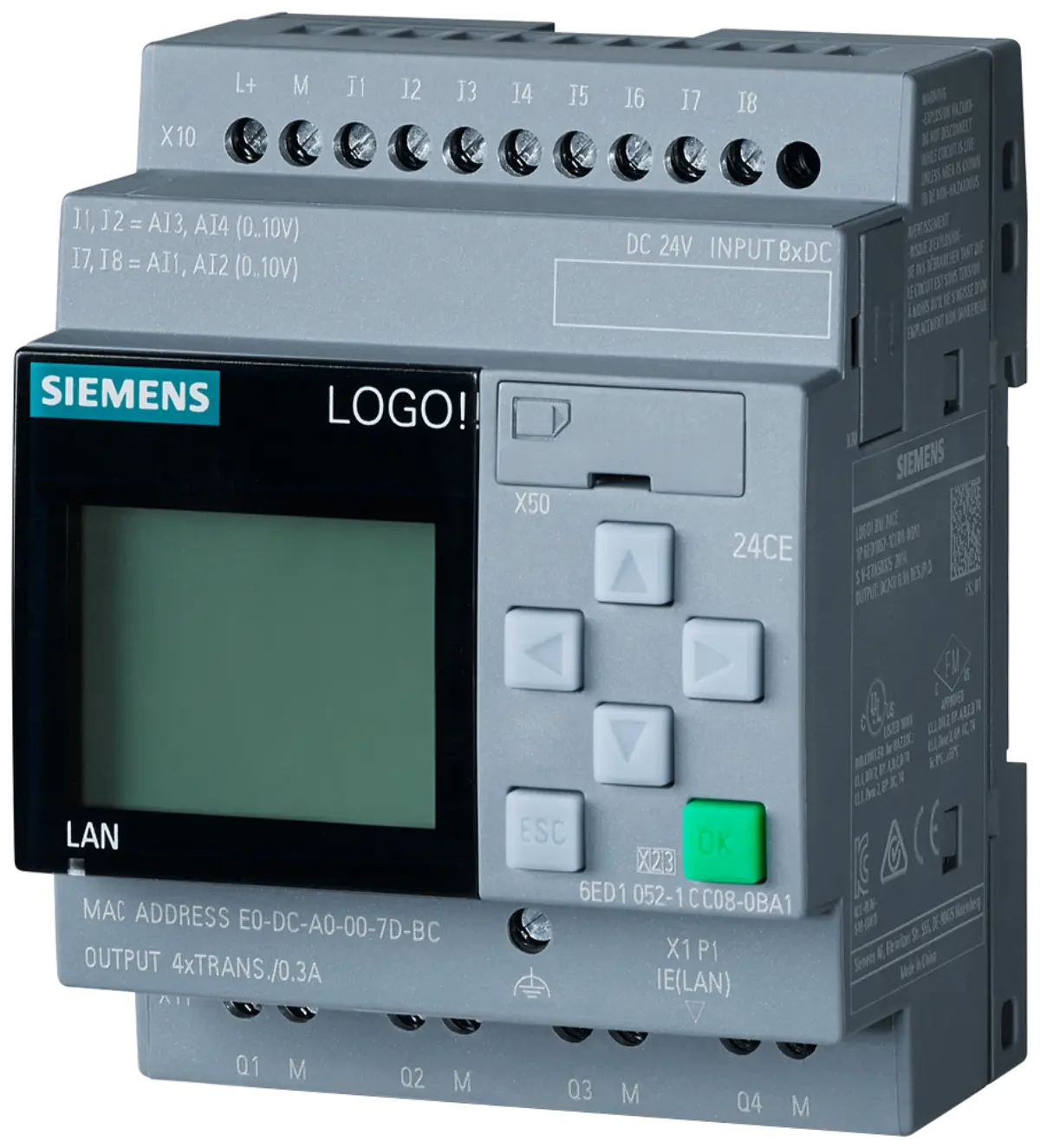 Front view of Siemens 6AG1052-1CC08-7BA1 PLC CPU unit showing display and ports