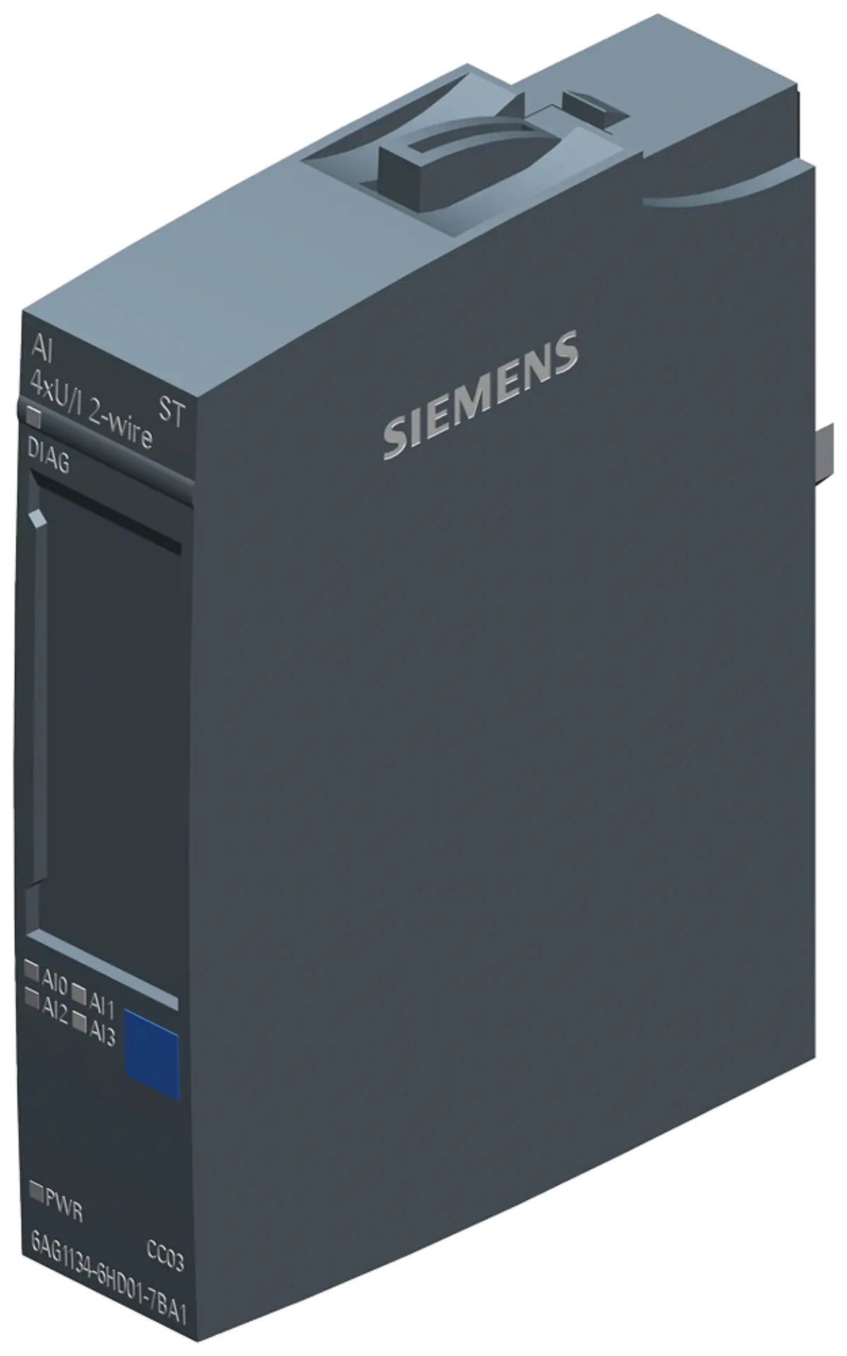 Front view of Siemens 6AG1134-6HD01-7BA1 analog input module with conformal coating