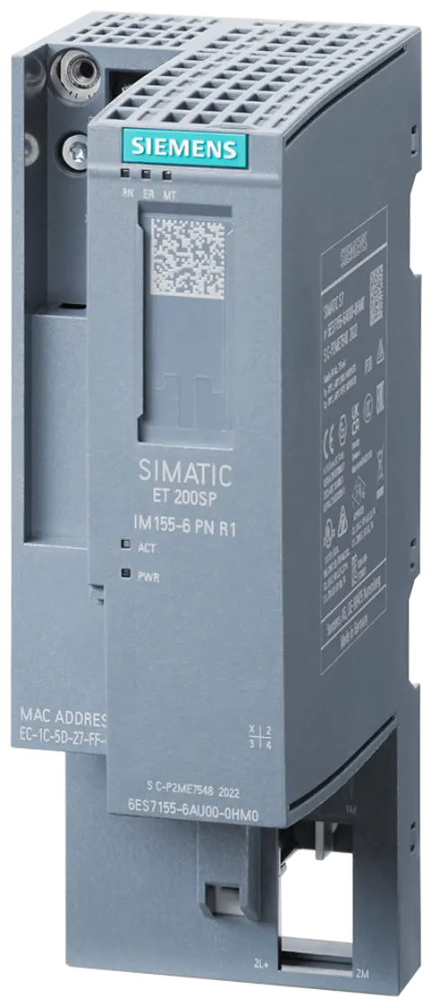 Front view of the Siemens 6AG1155-6AU00-7HM0 SIPLUS ET 200SP interface module showing port configuration
