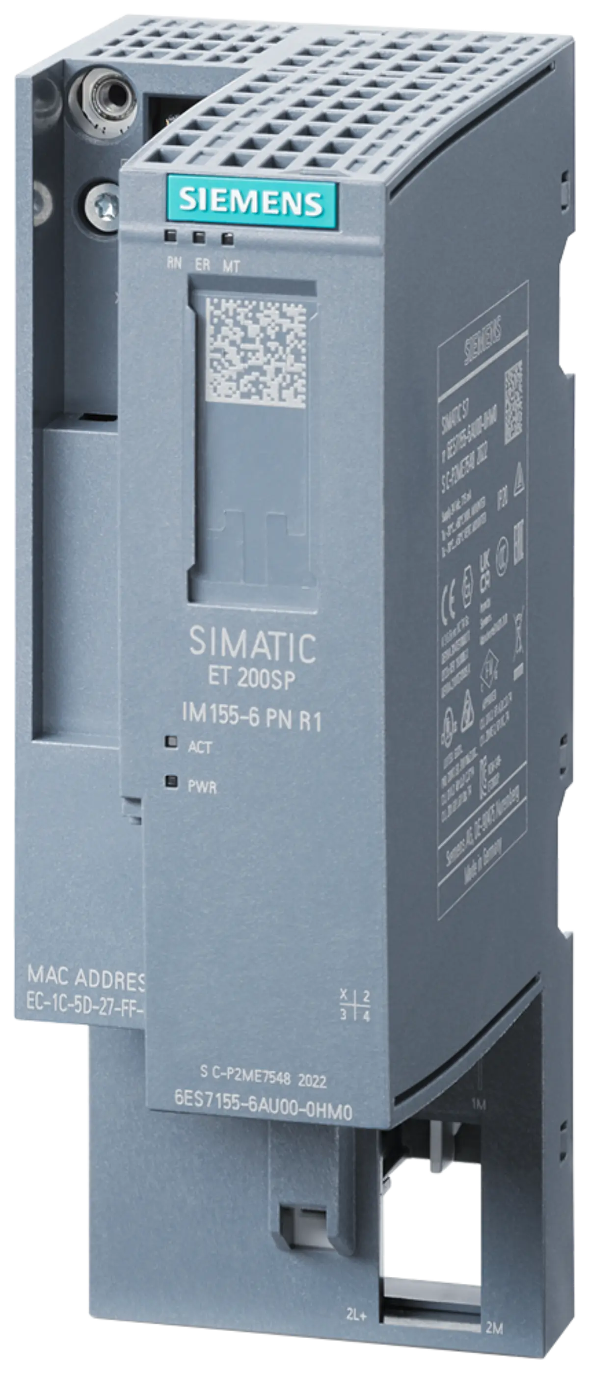 Front view of the Siemens 6AG1155-6AU00-7HM0 SIPLUS ET 200SP interface module showing port configuration