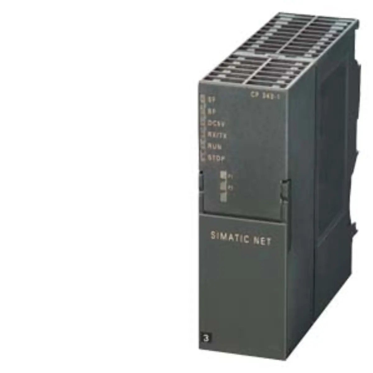 Front view of Siemens 6AG1343-1EX30-7XE0 PLC module with label