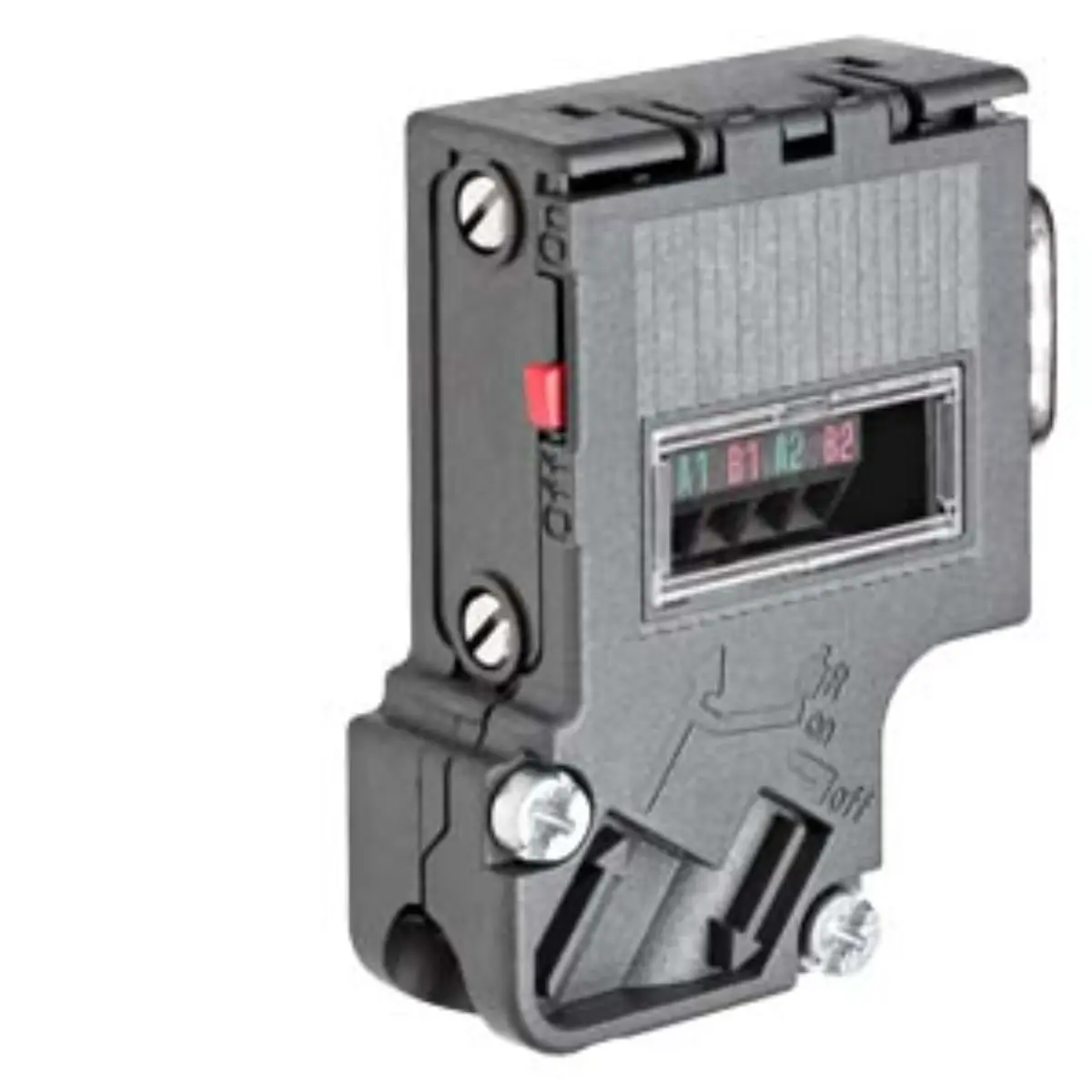 Front view of Siemens 6AG1972-0BA42-7XA0 RS485 bus connector unit