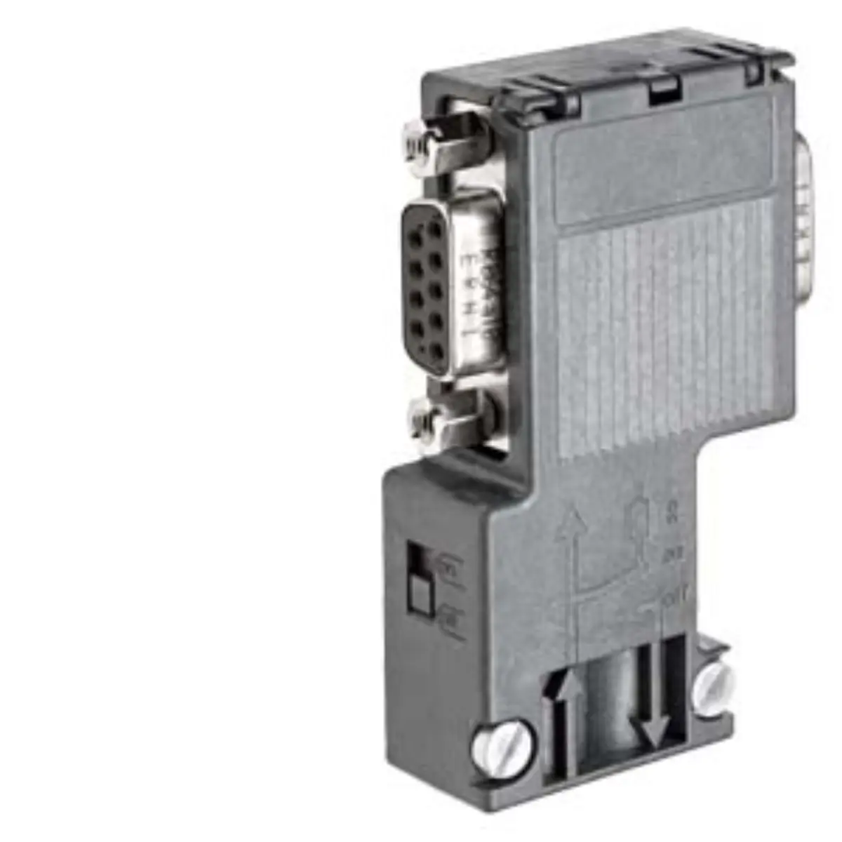Front view of Siemens 6AG1972-0BB12-2XA0 RS485 bus connector with 90-degree cable outlet