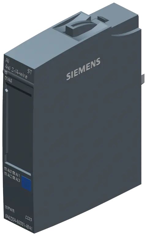 Front view of Siemens 6AG2134-6GD01-4BA1 analog input module showing label and connectors