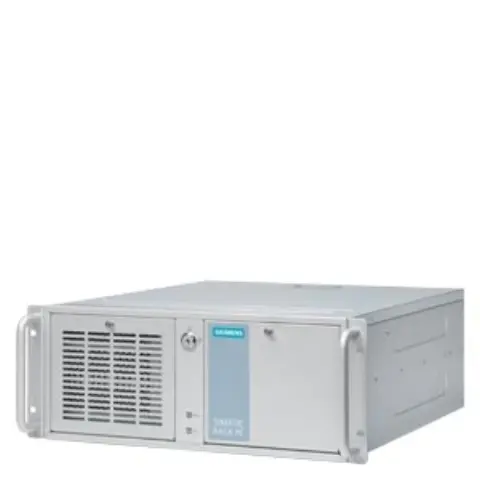 Front view of Siemens 6AG4012-2CA20-0BX0 SIMATIC IPC347G rack PC showing USB ports and drive bays