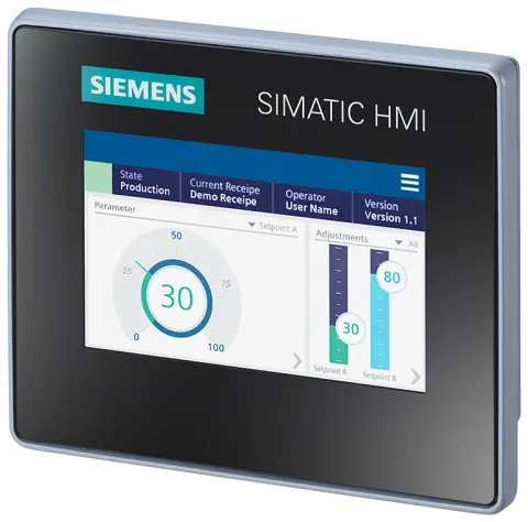 Front view of Siemens 6AV2123-3DB32-0AW0 HMI panel with 4 inch display