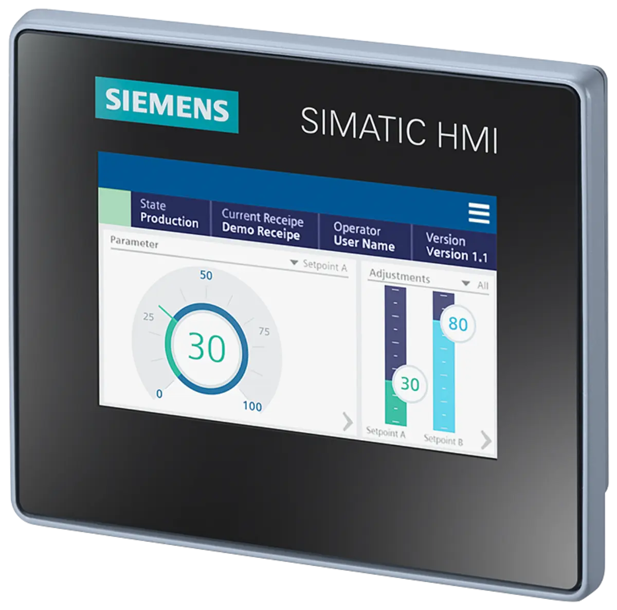 Front view of Siemens 6AV2123-3DB32-0AW0 HMI panel with 4 inch display