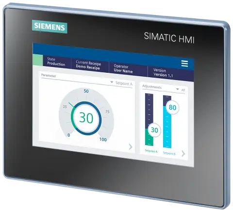 Front view of Siemens 6AV2123-3GB32-0AW0 HMI panel showing 7 inch display