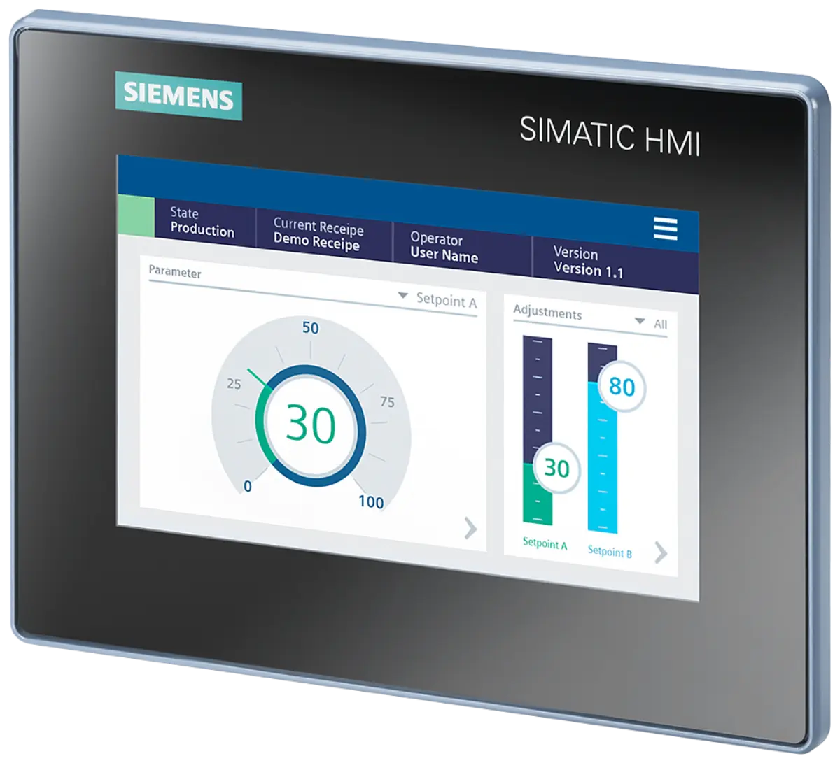 Front view of Siemens 6AV2123-3GB32-0AW0 HMI panel showing 7 inch display