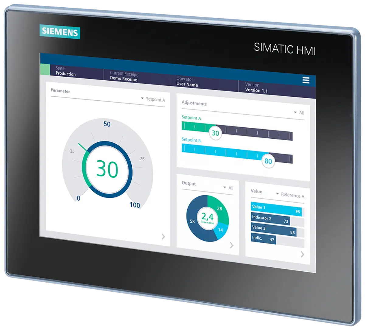 Front view of Siemens 6AV2123-3KB32-0AW0 HMI panel with 10 inch display