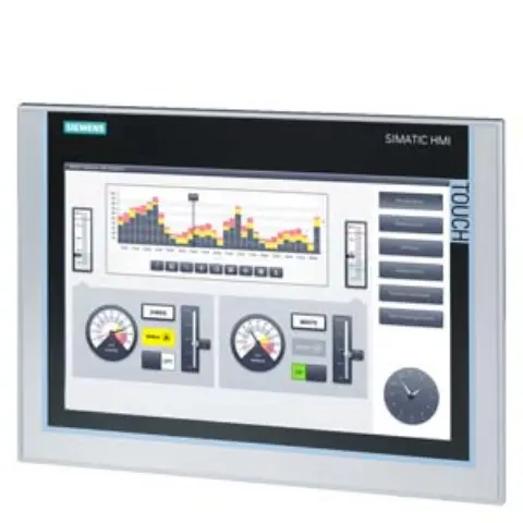 Front view of the Siemens 6AV2124-0MC01-0AX0 TP1200 Comfort Panel displaying the user interface screen