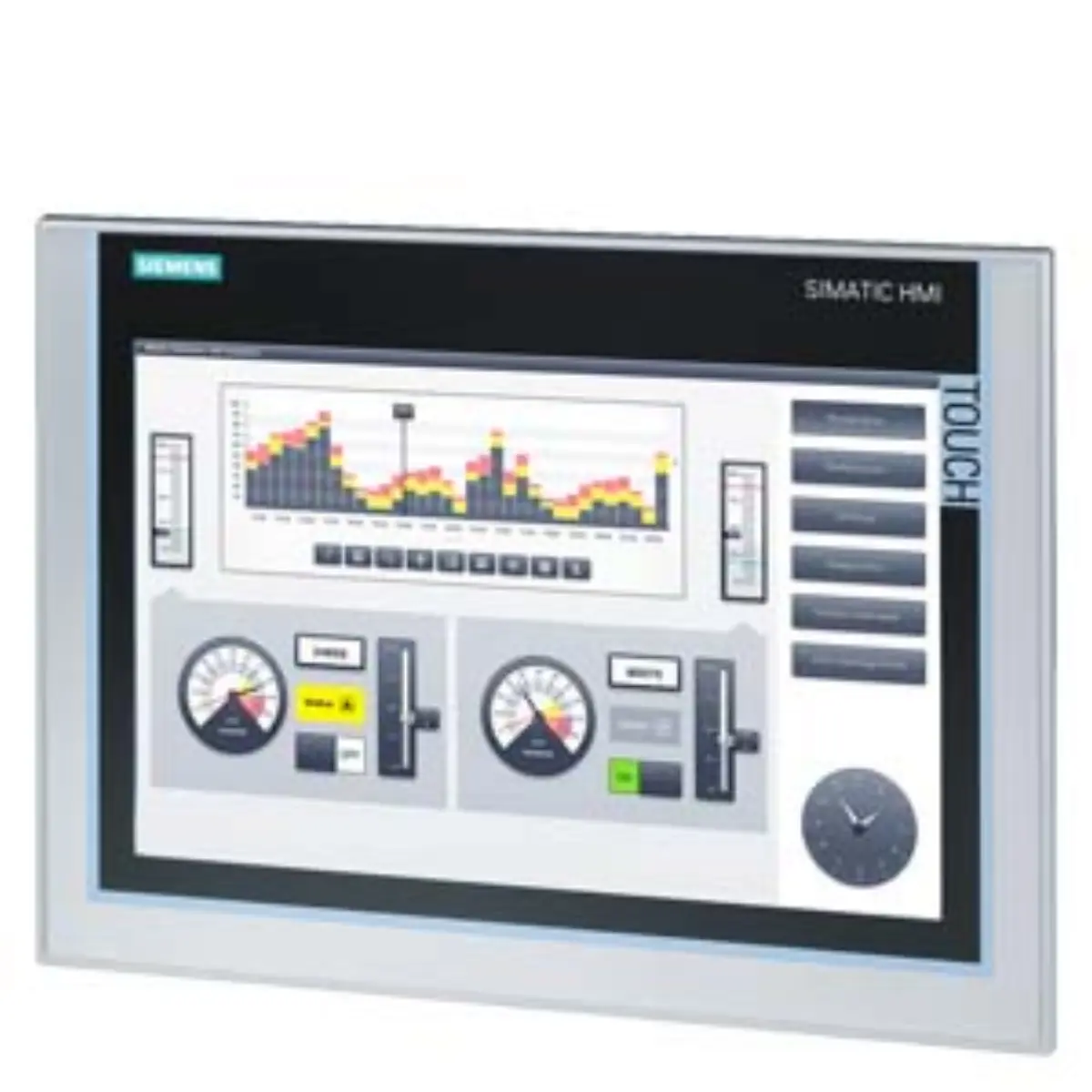 Front view of the Siemens 6AV2124-0MC01-0AX0 TP1200 Comfort Panel displaying the user interface screen