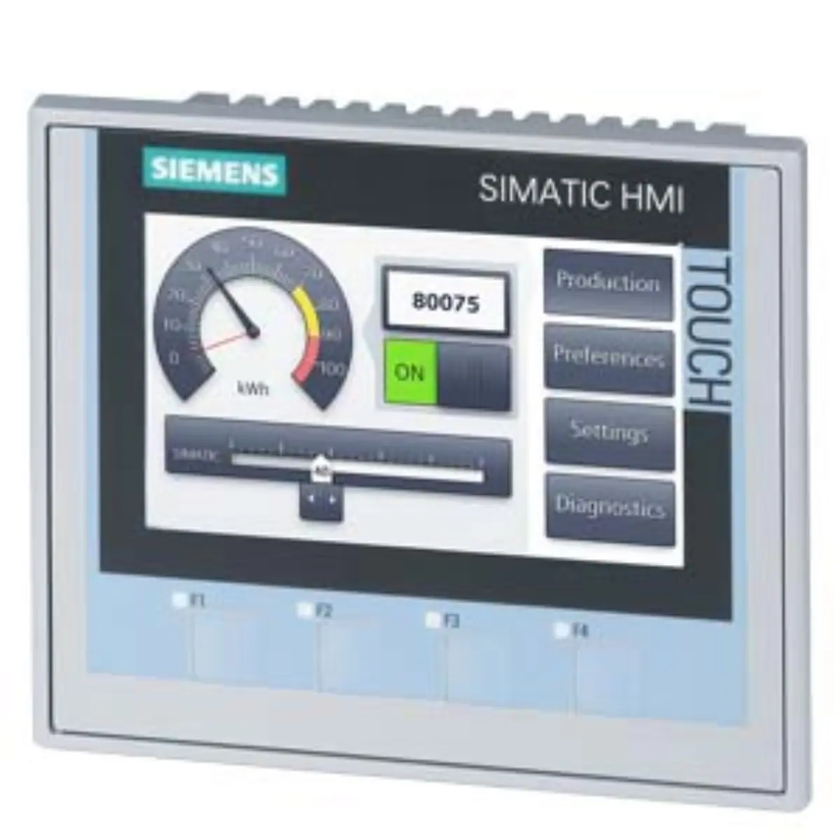 Front view of Siemens 6AV2124-2DC01-0AX0 KTP400 Comfort HMI Panel