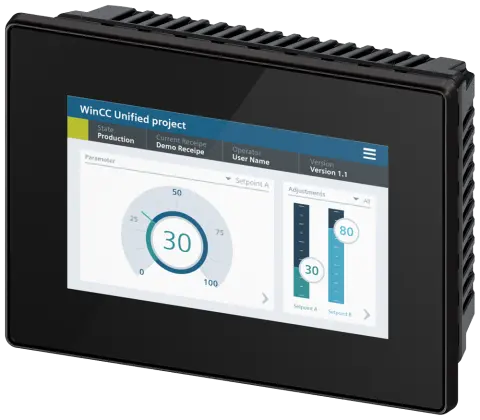 Front view of the 6AV2128-3GB36-0AX1 Siemens HMI panel showing the 7-inch display