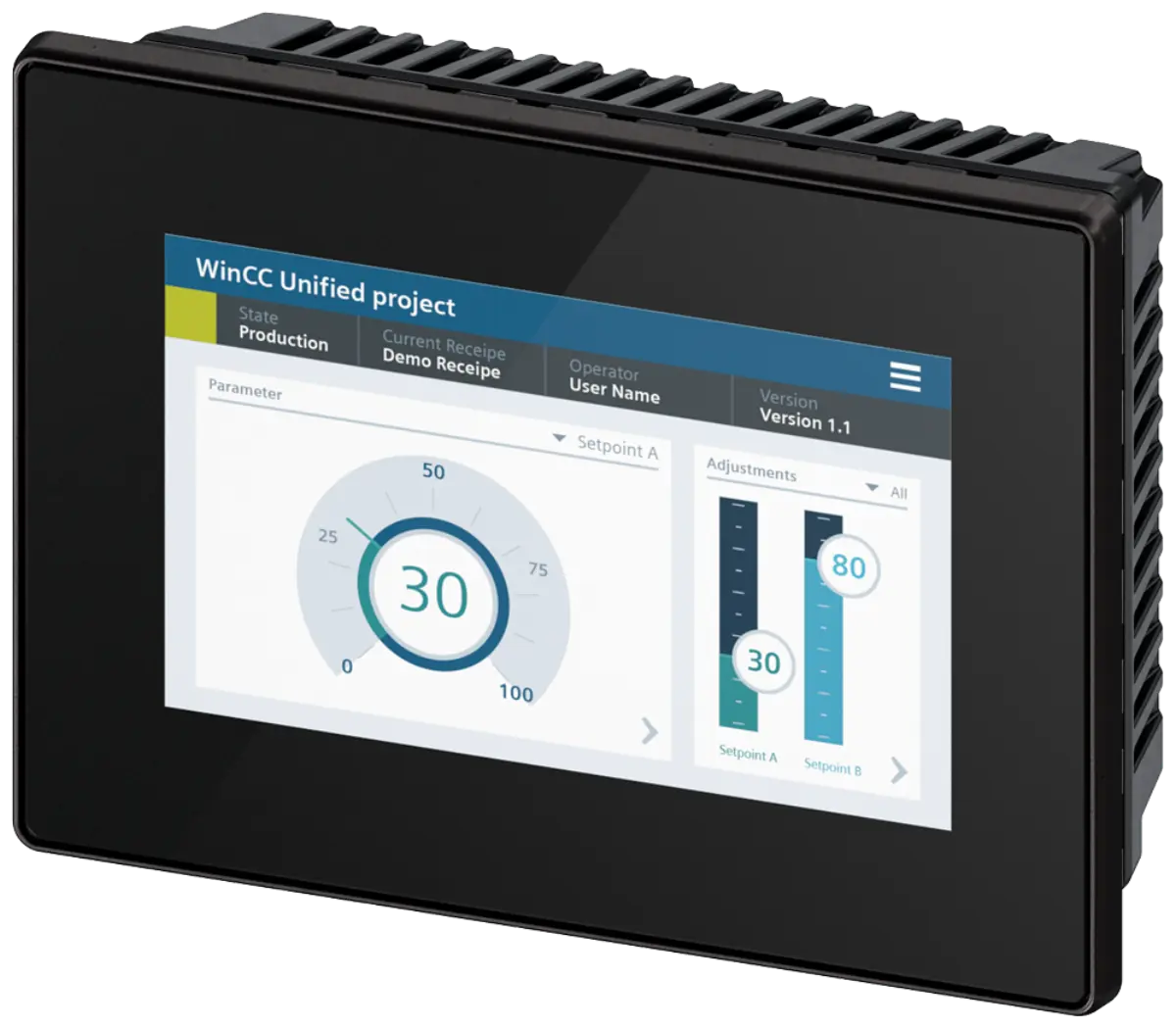 Front view of the 6AV2128-3GB36-0AX1 Siemens HMI panel showing the 7-inch display