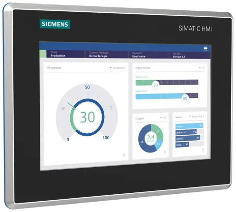 Front view of Siemens 6AV2128-3GB40-0AX0 HMI panel with stainless steel casing