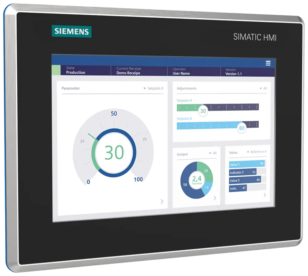 Front view of Siemens 6AV2128-3GB40-0AX0 HMI panel with stainless steel casing