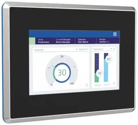 Front view of Siemens 6AV2128-3GB70-0AX0 HMI Panel with stainless steel housing
