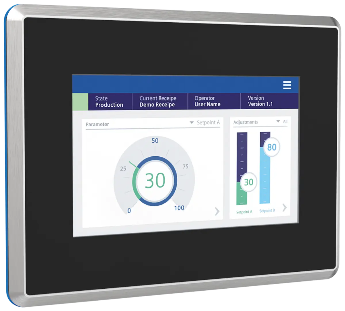 Front view of Siemens 6AV2128-3GB70-0AX0 HMI Panel with stainless steel housing