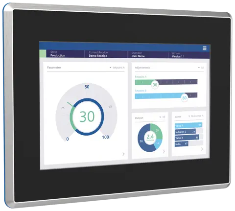 Front view of Siemens 6AV2128-3KB70-0AX0 stainless steel HMI panel