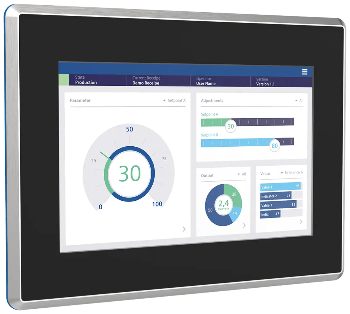 Front view of Siemens 6AV2128-3KB70-0AX0 stainless steel HMI panel