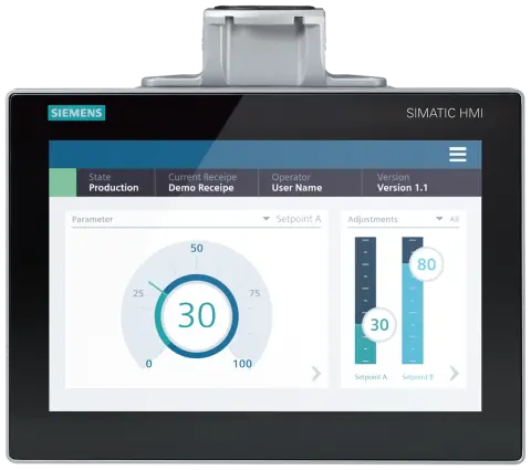 Front view of the 6AV2128-3MB27-0AX0 Siemens SIMATIC HMI MTP1200 PRO panel with 12.1 inch display