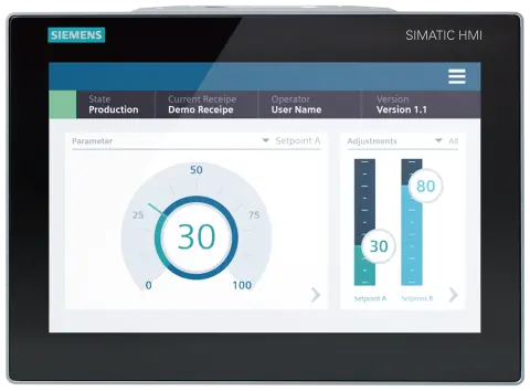 Front view of Siemens 6AV2128-3MB27-0BX0 HMI panel with 12 inch display