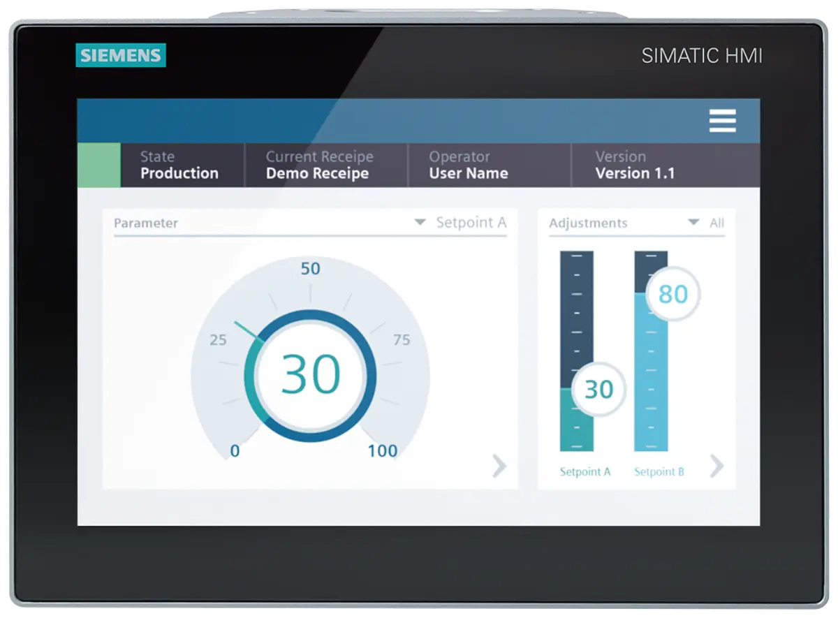 Front view of Siemens 6AV2128-3MB27-0BX0 HMI panel with 12 inch display