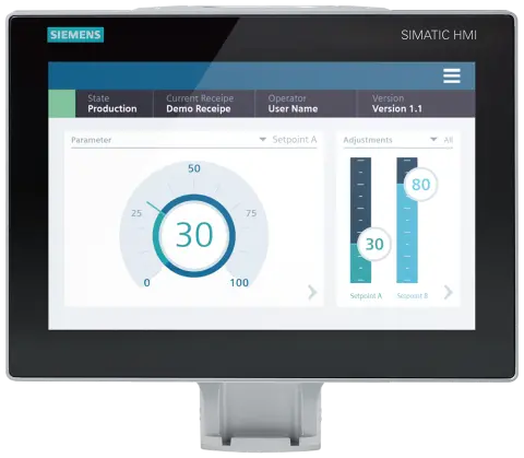 Front view of Siemens 6AV2128-3MB27-1BX0 12-inch HMI panel with supporting foot