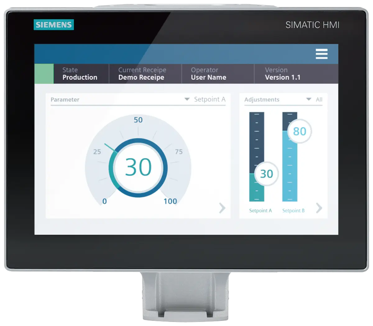 Front view of Siemens 6AV2128-3MB27-1BX0 12-inch HMI panel with supporting foot