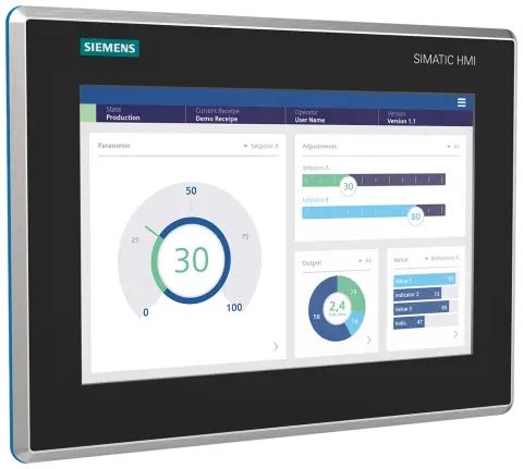 Front view of the 6AV2128-3MB40-0AX0 Siemens HMI panel showing stainless steel casing