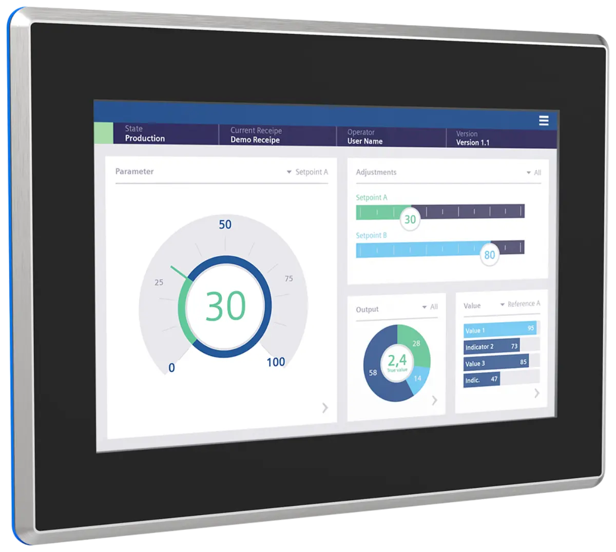 Front view of Siemens 6AV2128-3MB70-0AX0 HMI panel with stainless steel housing