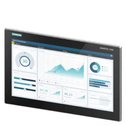 Front view of Siemens 6AV2128-3QB06-0AX1 15-inch HMI panel with touch screen interface