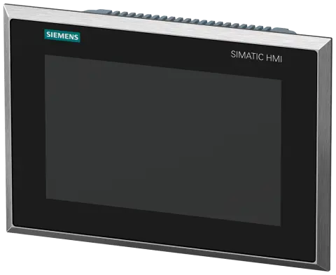 Front view of Siemens 6AV2144-8JC20-0AA0 TP900 Comfort INOX HMI panel with stainless steel casing