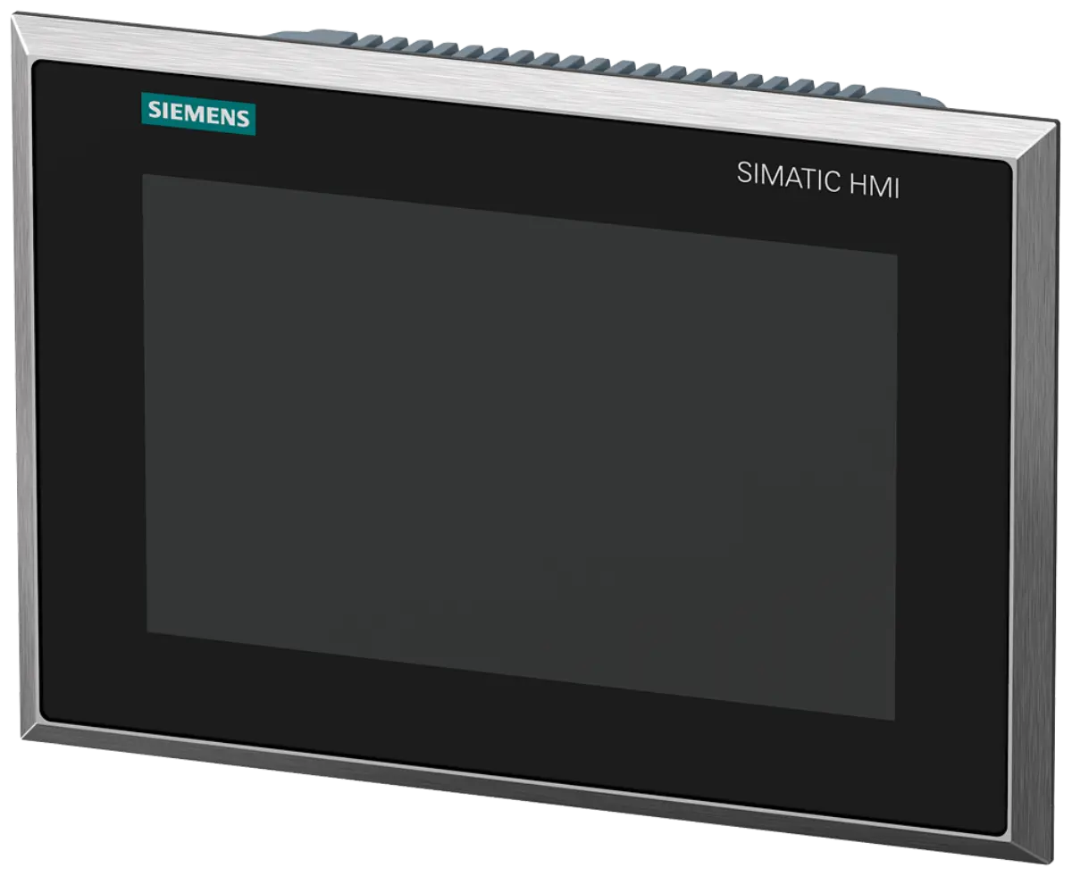 Front view of Siemens 6AV2144-8JC20-0AA0 TP900 Comfort INOX HMI panel with stainless steel casing