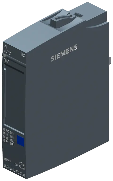 Front view of Siemens 6ES7134-6JD00-0DA1 ET 200SP analog input module