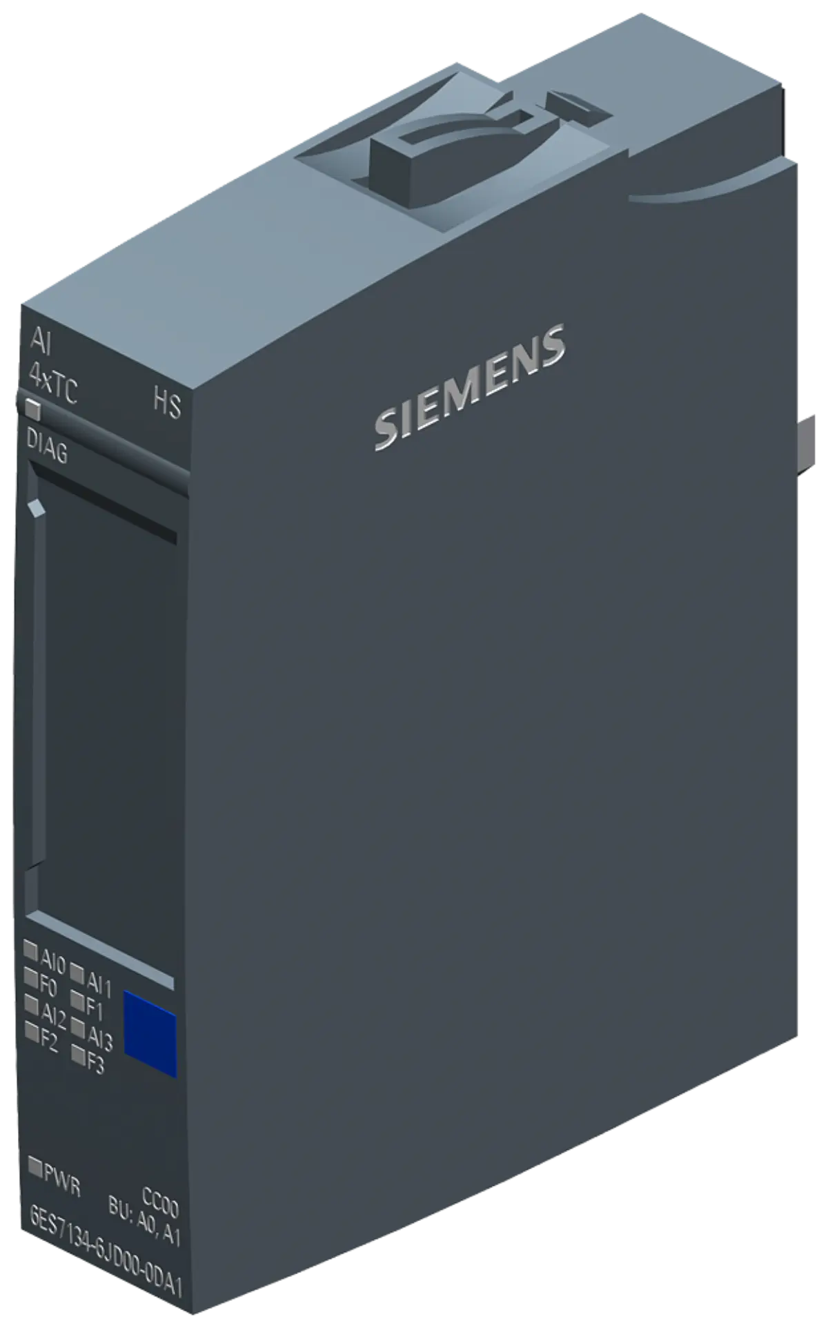 Front view of Siemens 6ES7134-6JD00-0DA1 ET 200SP analog input module
