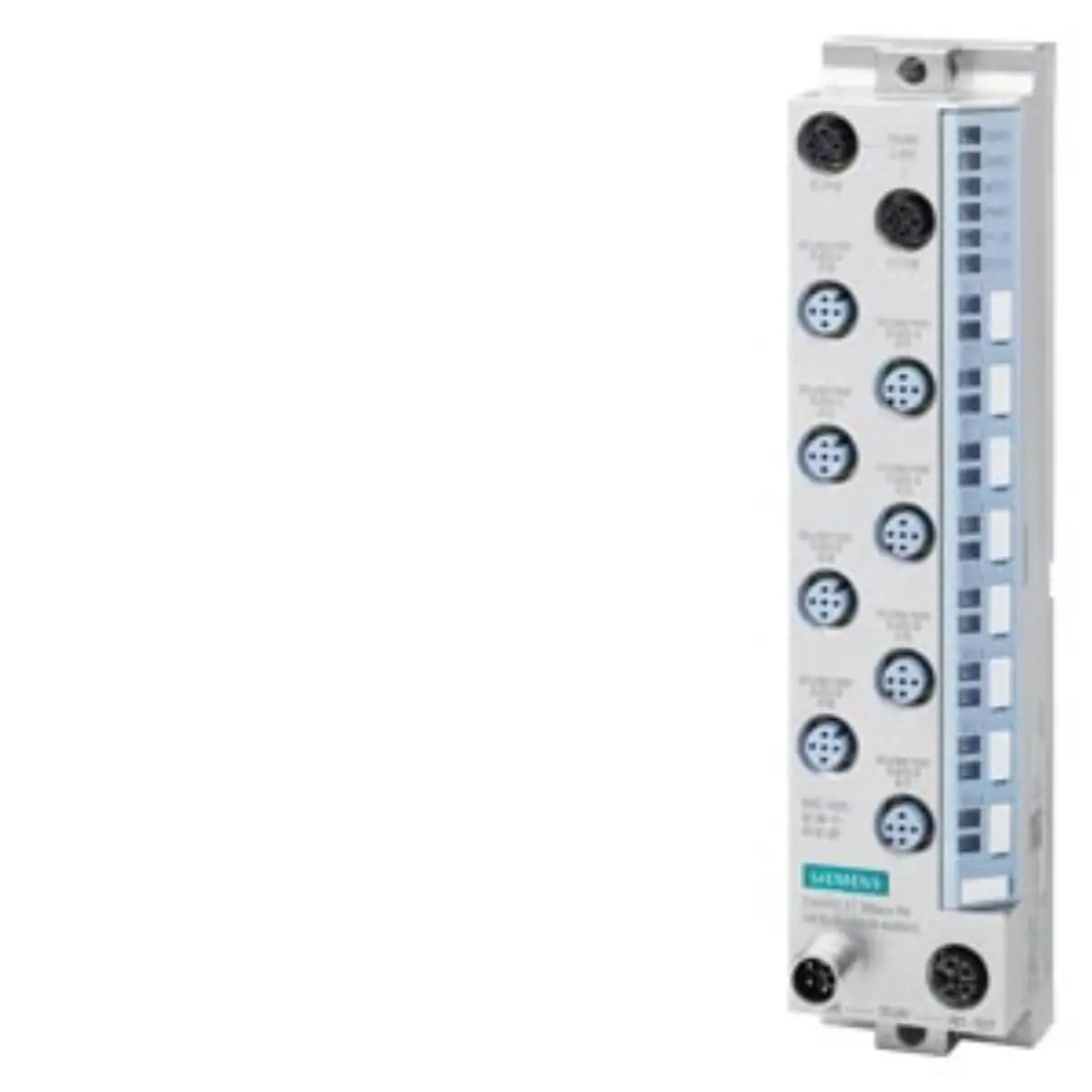 Front view of Siemens 6ES7148-6JG00-0BB0 IO-Link master module with M12 connectors