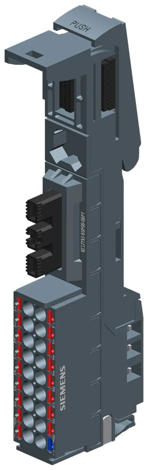 Front view of Siemens 6ES7193-6UP00-0BP1 dark-colored potential distributor base unit with push-in terminals
