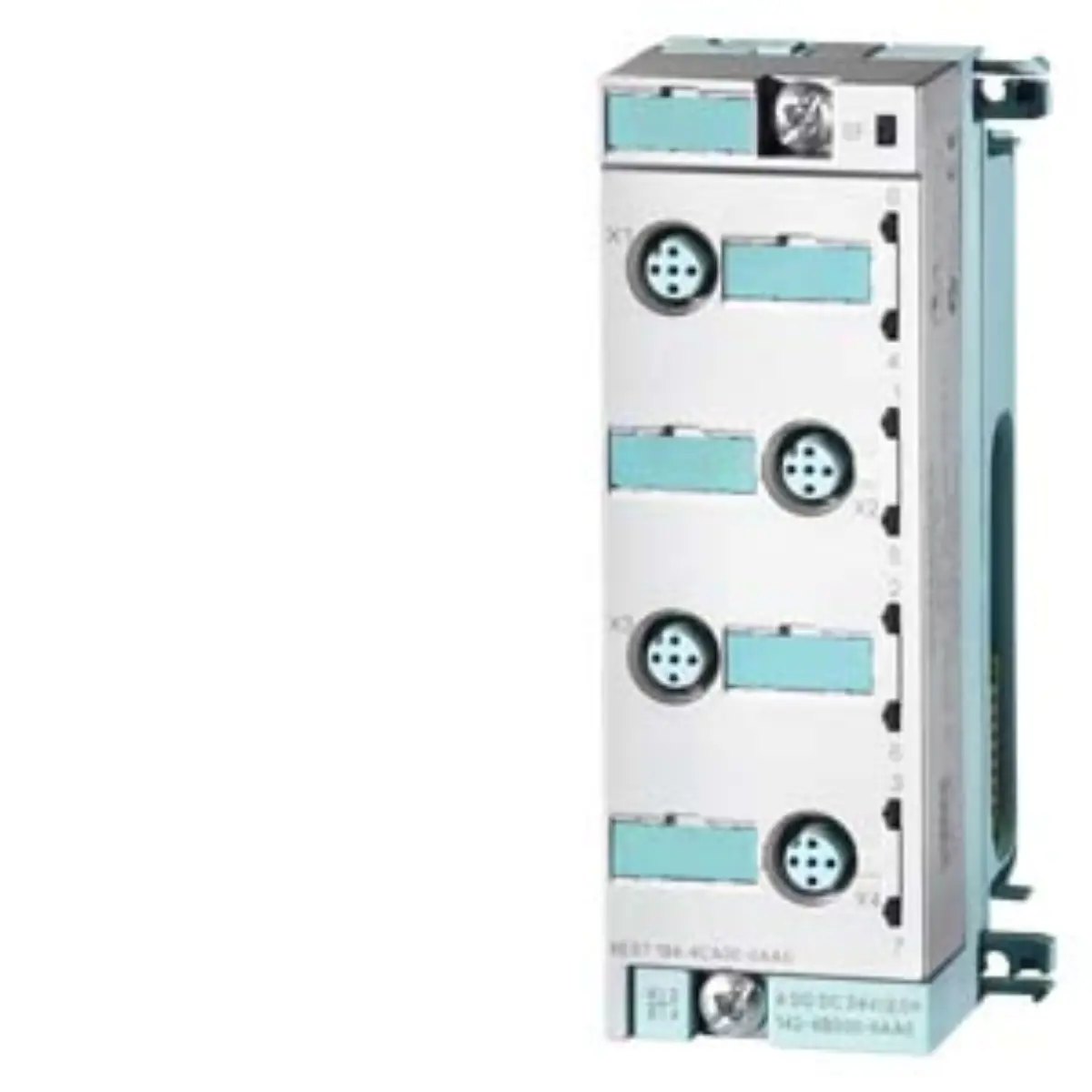Front view of Siemens 6ES7194-4CA00-0AA0 analog expansion module with M12 connectors