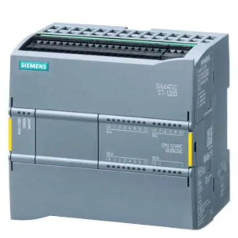 Front view of Siemens 6ES7214-1AF40-0XB0 CPU module showing LED indicators and terminal blocks