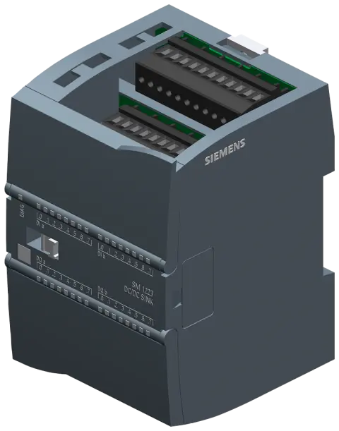 Front view of Siemens 6ES7223-1BL32-1XB0 digital I/O module showing terminal blocks