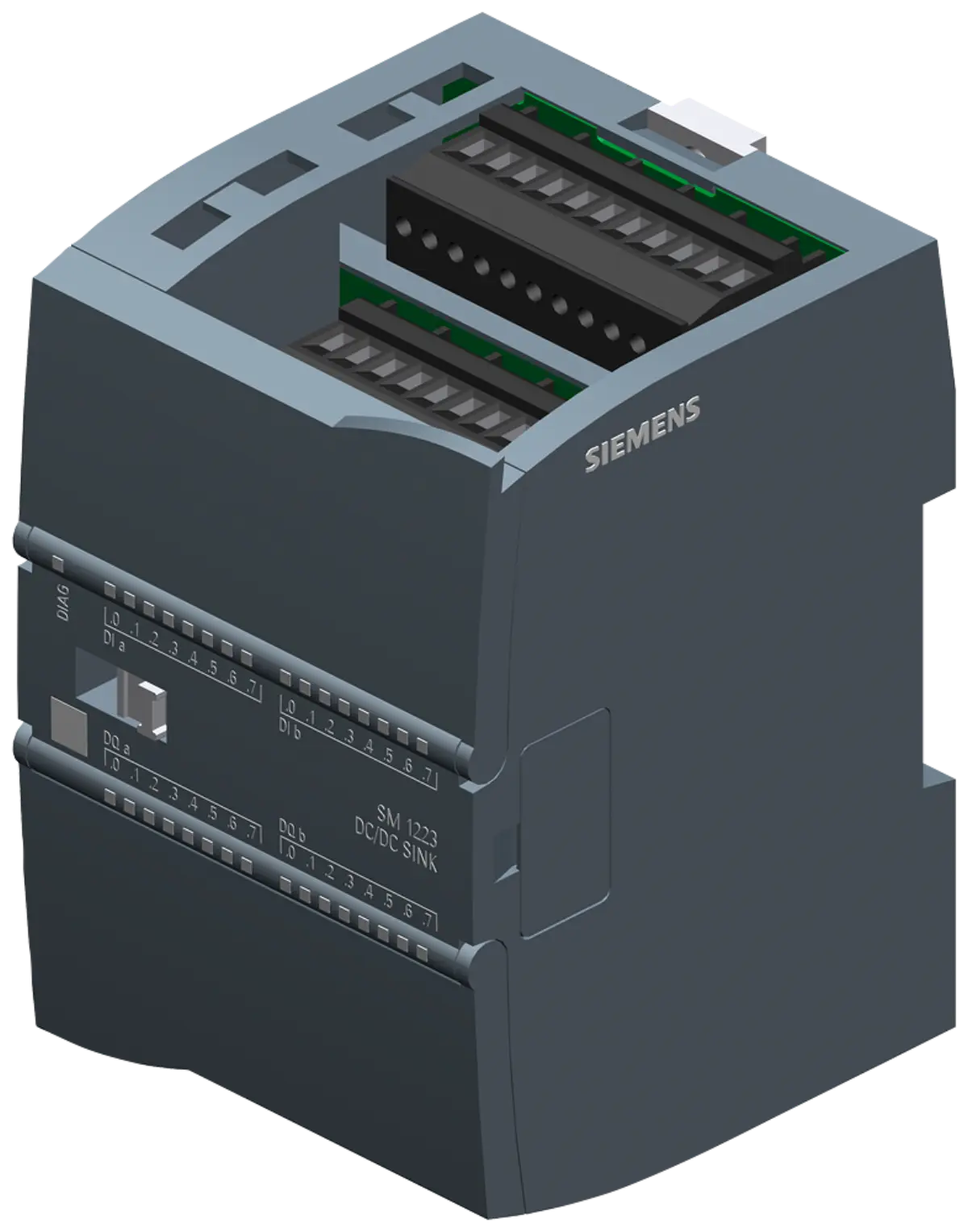 Front view of Siemens 6ES7223-1BL32-1XB0 digital I/O module showing terminal blocks