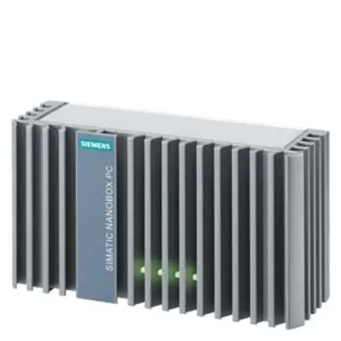 Front view of Siemens 6ES7647-8BA11-0AA1 SIMATIC IPC227E Nanobox PC showing ports and label