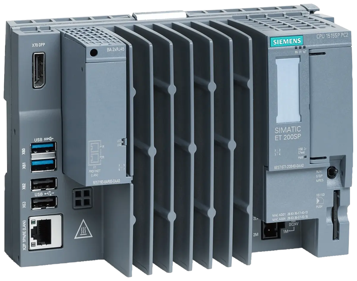 Front view of Siemens 6ES7677-2DB42-0GB1 CPU 1515SP PC2 industrial controller