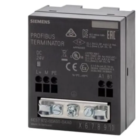 Front view of Siemens 6ES7972-0DA00-0AA0 active RS 485 terminating element module