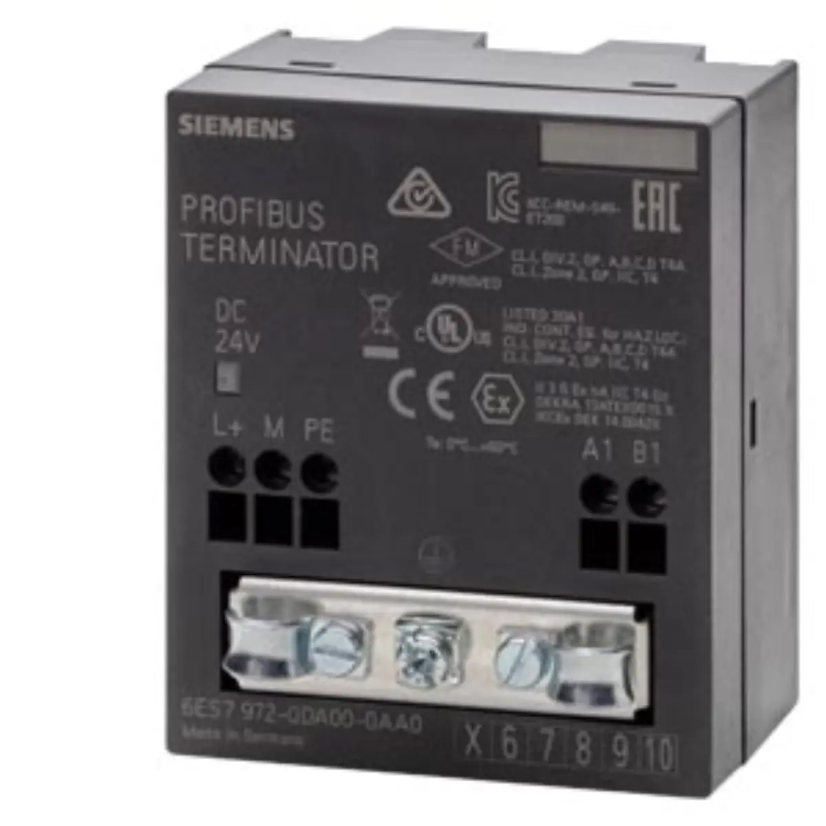 Front view of Siemens 6ES7972-0DA00-0AA0 active RS 485 terminating element module